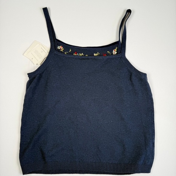 Liz Claiborne Navy‎ Blue Embroidered Floral Velvet Trim Knit Tank Top Women's L - Picture 5 of 12